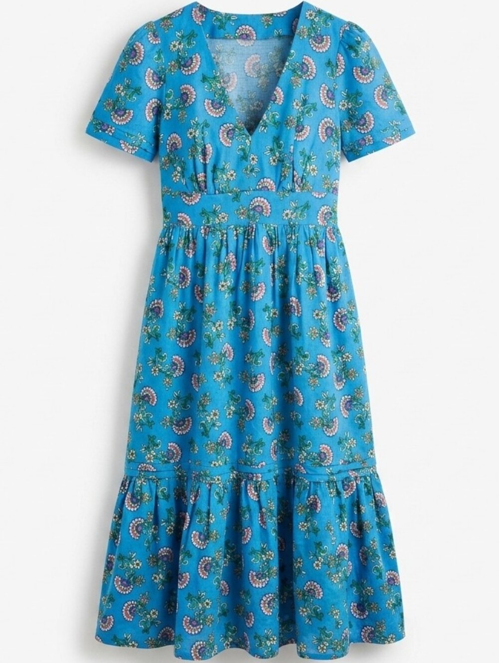 Boden Eve Blue Floral 100% Linen Tiered Midi Dress Puff Sleeve Vneck Sz.4 Petite